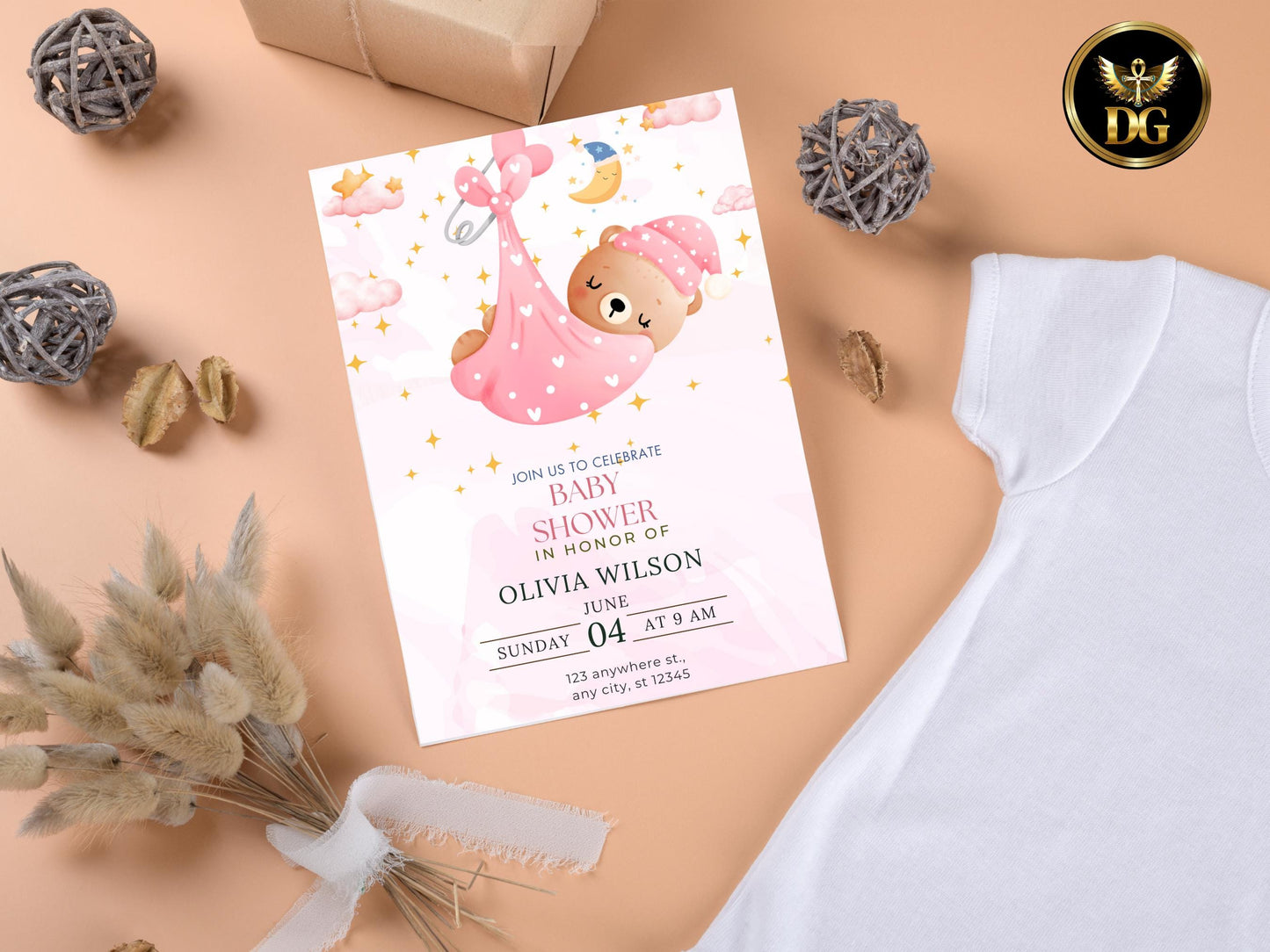 Baby Shower Invitation Template Editable Digital Download Cute Bear Pink Floral Invite Customizable Canva File for Baby Celebration