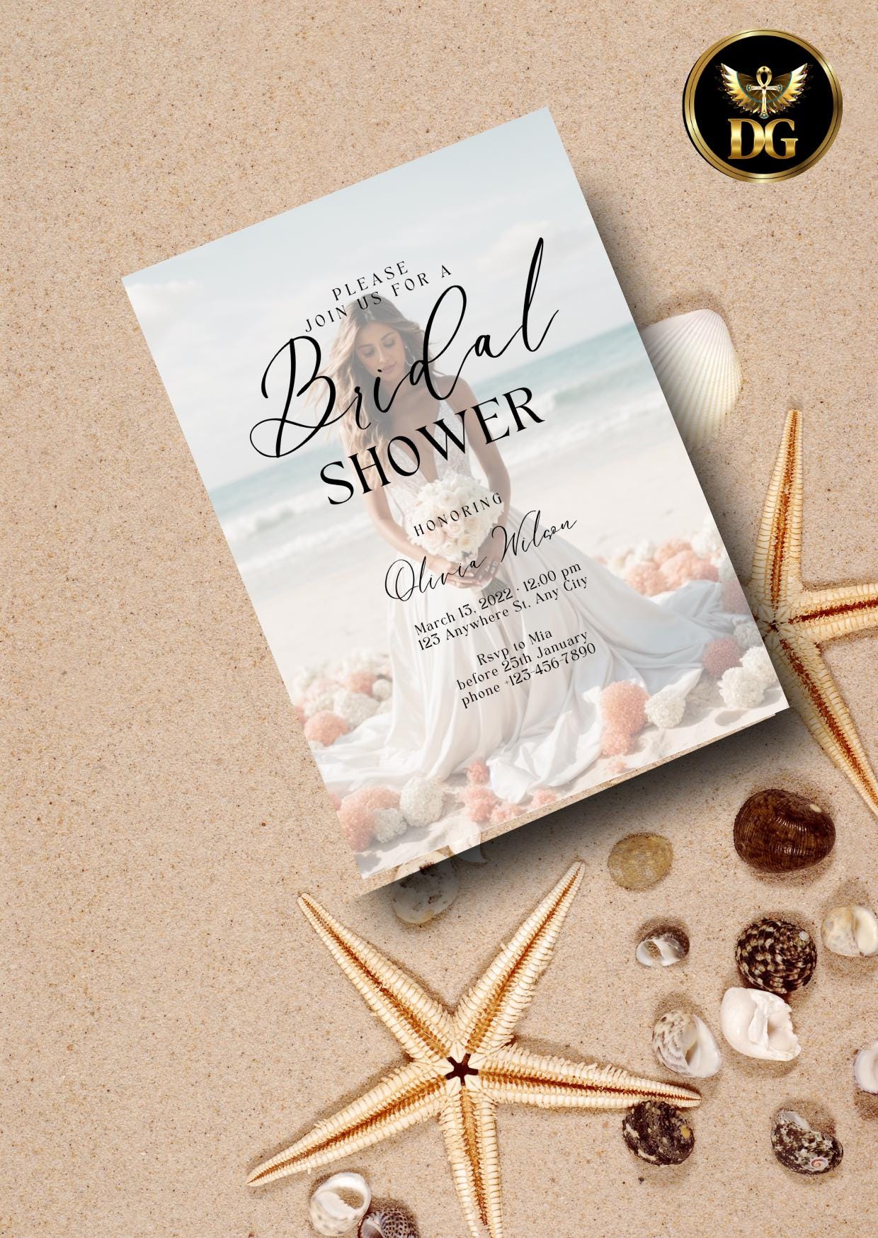 Beach Bridal Shower Invitation: Modern Ocean Theme (Digital Download, Template)Printable Invitation Template Editable Canva Instant Download