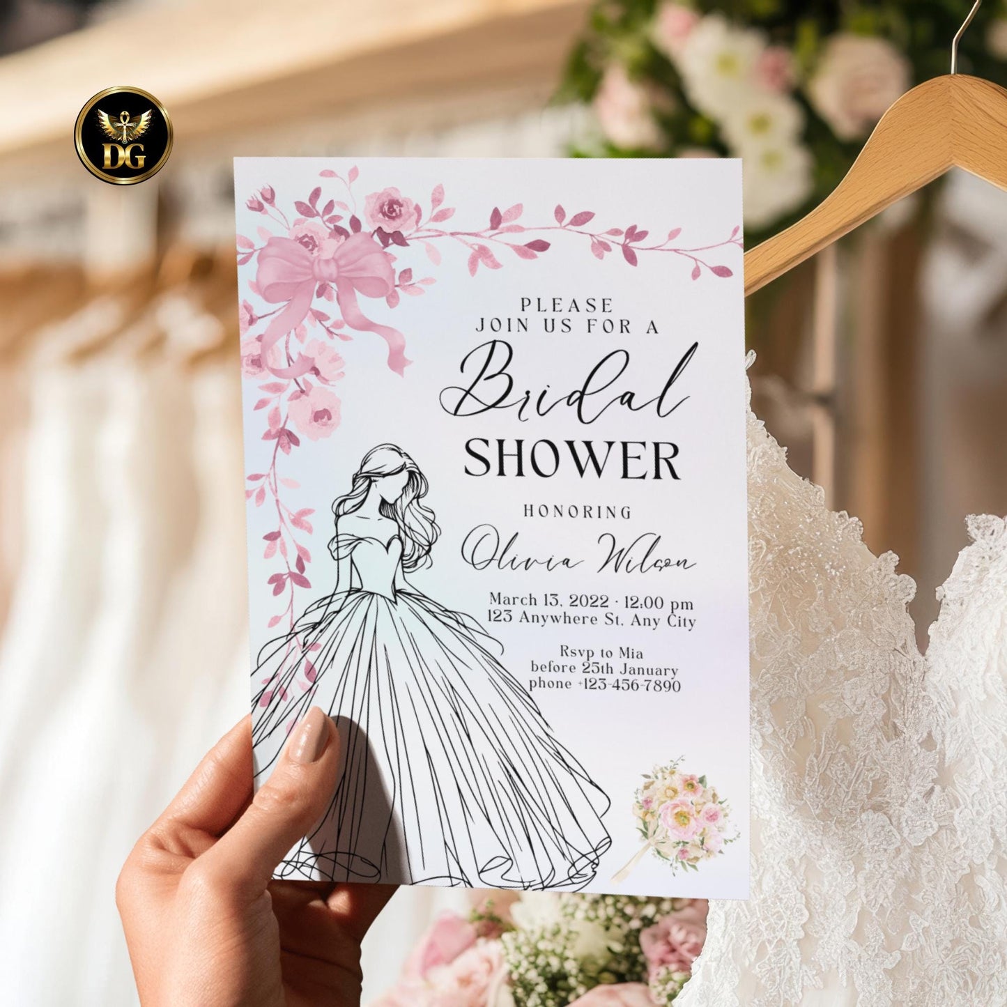 Bridal Shower Invitation Set | Bride Dress with Pink Floral Bow | Pastel Elegant Wedding Shower Invite | Editable Digital Download