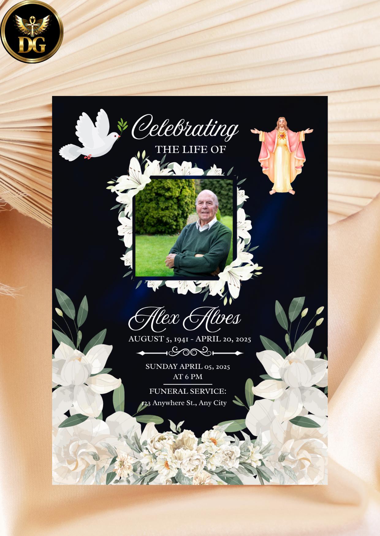 White Floral Christian Funeral Invitation Template (Digital Download)