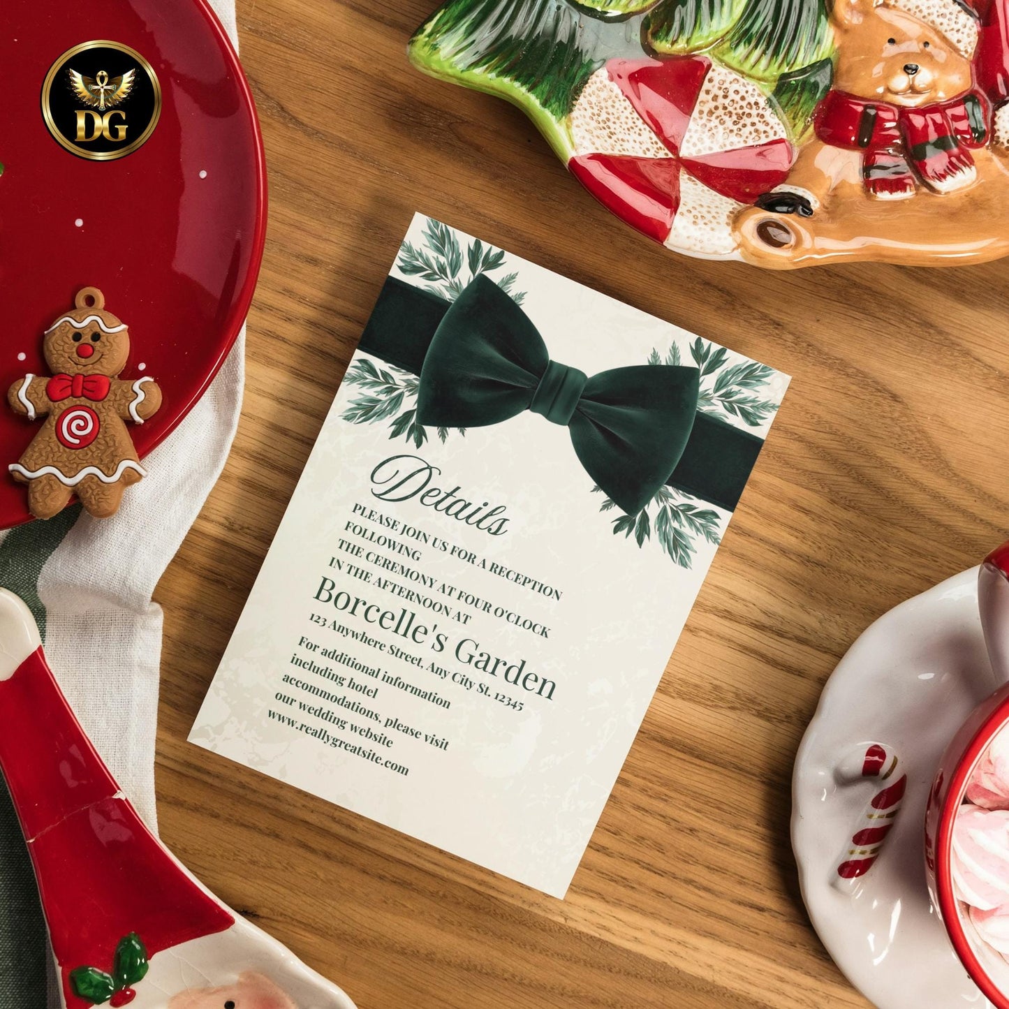 Christmas Bridal Shower Invitation Set | Elegant Emerald Green Velvet Bow & Gold Leaves | Holiday Bridal Canva Template Suite
