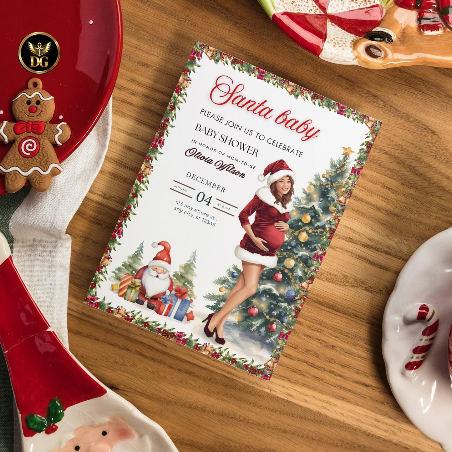 Christmas Baby Shower Bundle – Editable Invitations, Thank You Cards, Diaper Reveal & Books for Baby, Watercolor Holiday Theme