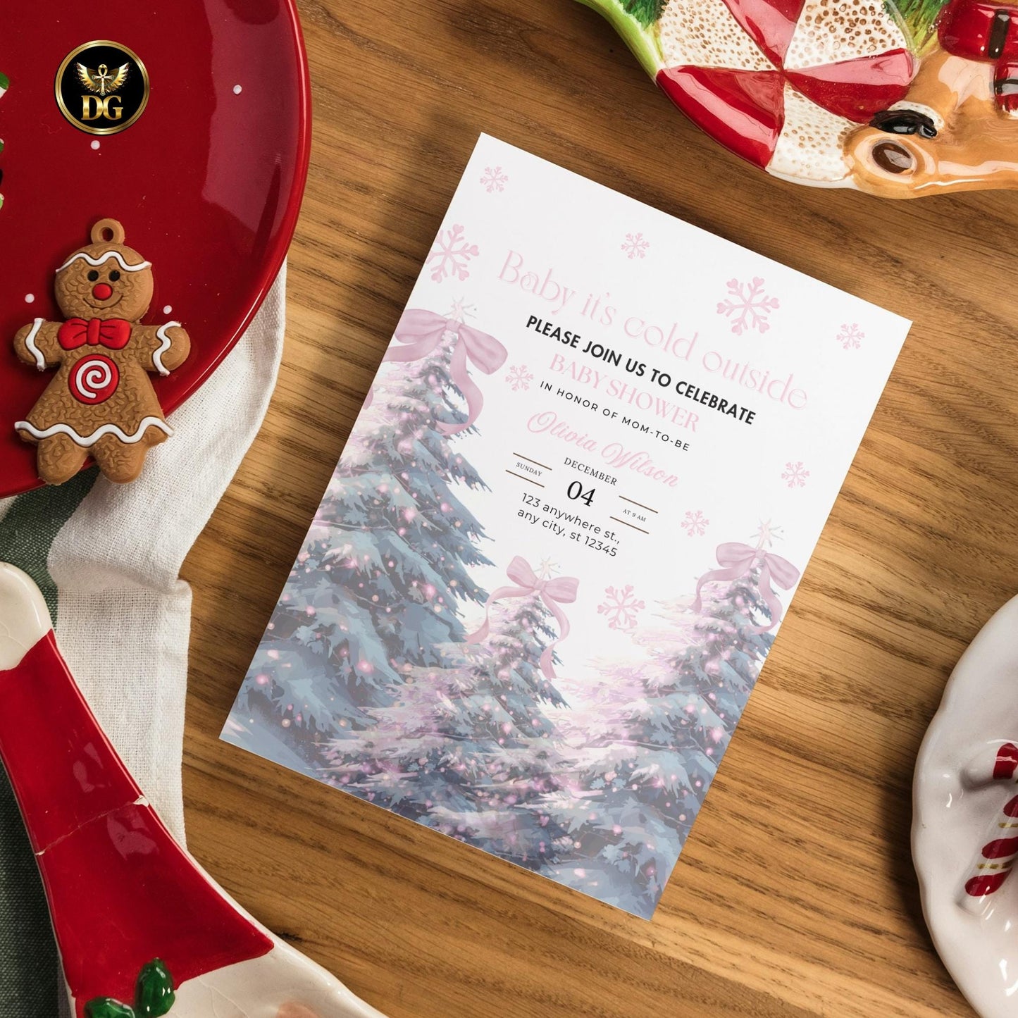 Christmas Baby Shower Digital Templates Bundle Pink Christmas Tree with Pink Bow, Invitation, Thank You, Diaper Refill, Books for Baby Card