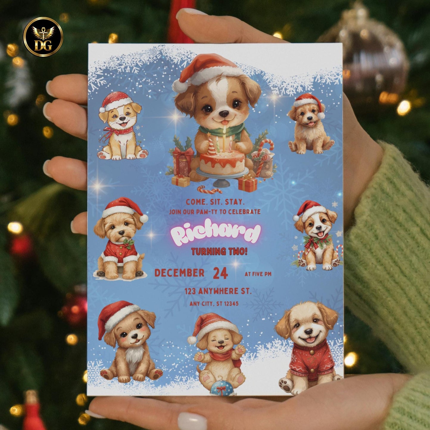 Christmas Dog Birthday party Template, Cute Puppy Cake Candles, Holiday Pet Invitation Winter Snow Blue Background Editable Dog Party Invite