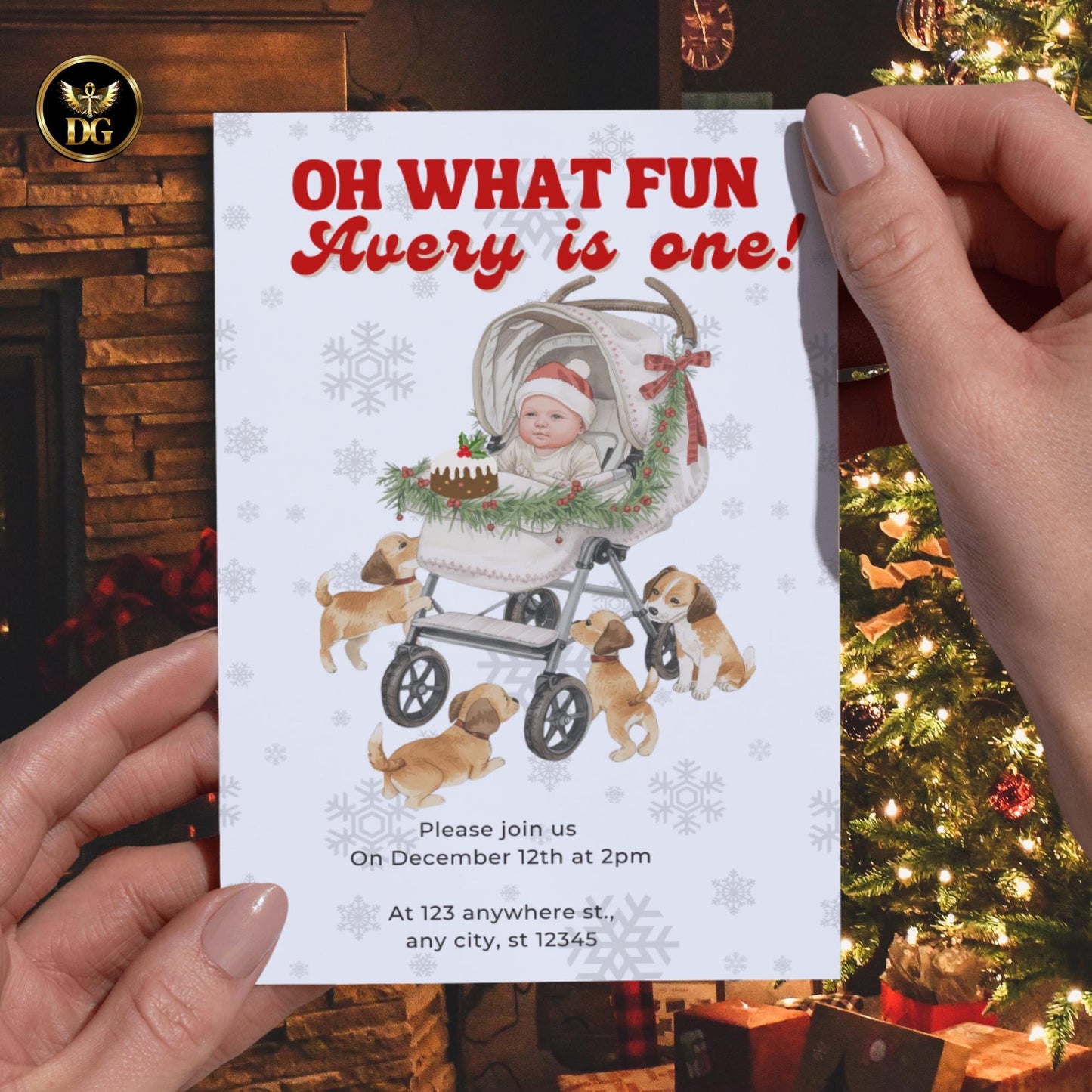 Christmas First Birthday Invitation | Baby in Santa Hat & Christmas Stroller | Editable Canva Template