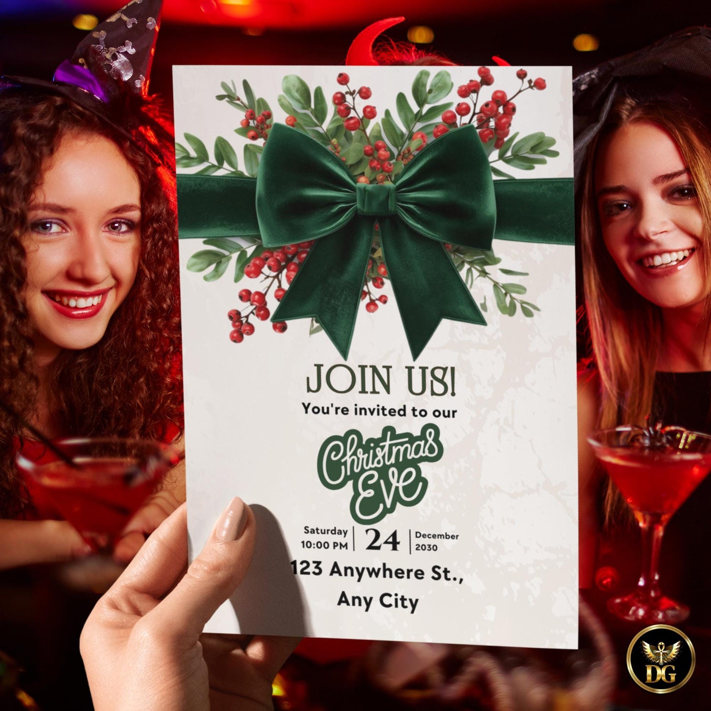 Christmas Eve Party Invitation Template Set, Elegant Green Bow & Gold Holiday Invite, Digital Download, Menu, RSVP, Thank You, Details Card