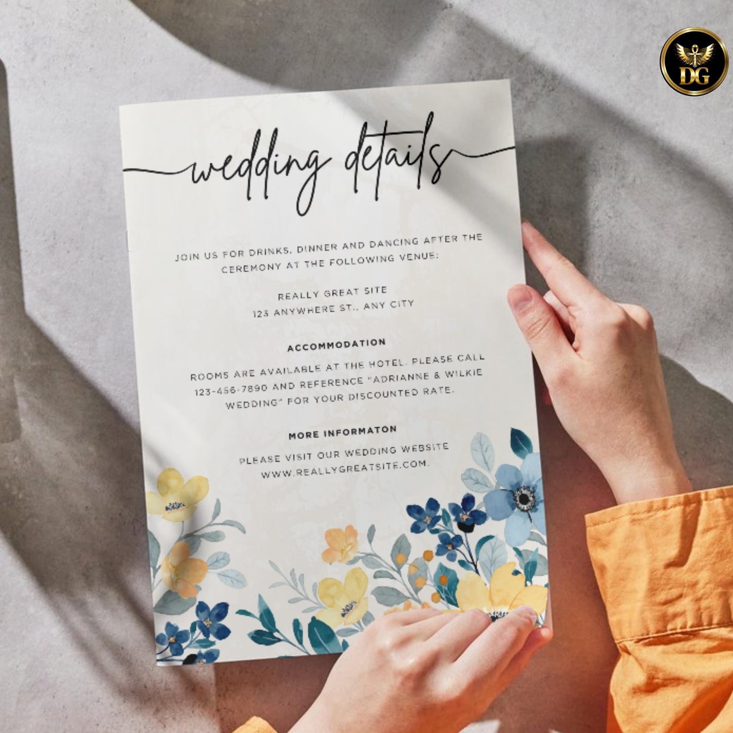 Boho Blue Yellow Floral Wedding Invitation Template, Editable Digital Suite, Blush Pink Accents & RSVP