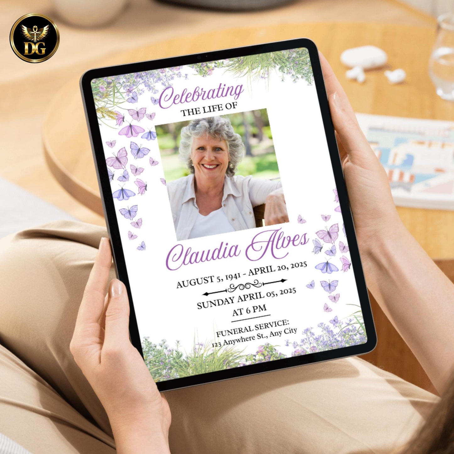 Wildflower Funeral Invitation | White Background with Butterflies & Custom Photo | Editable Canva Digital Download