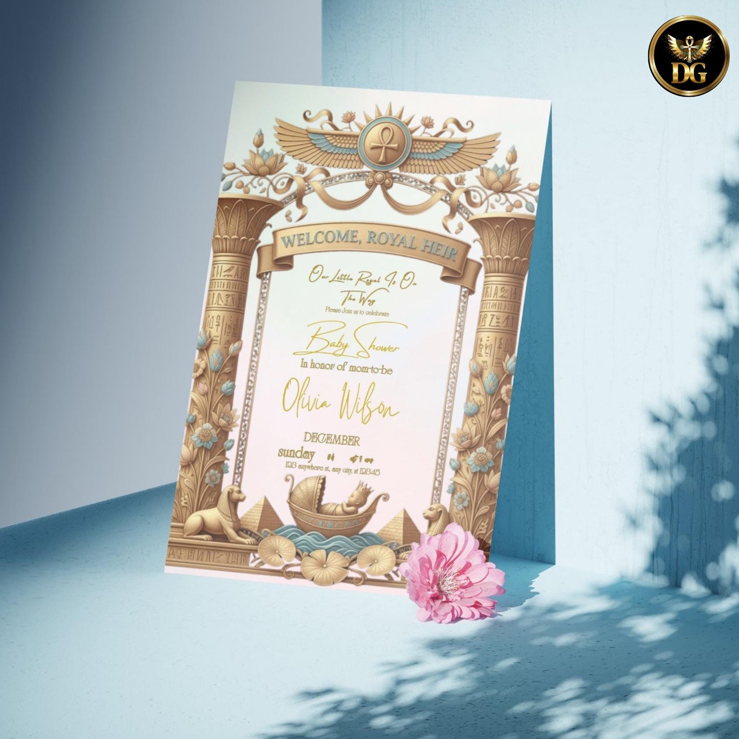 Welcome, Royal Heir – Pastel Egyptian Baby Shower Invitation with Gold Frame & Baby Boat | Editable Canva Template