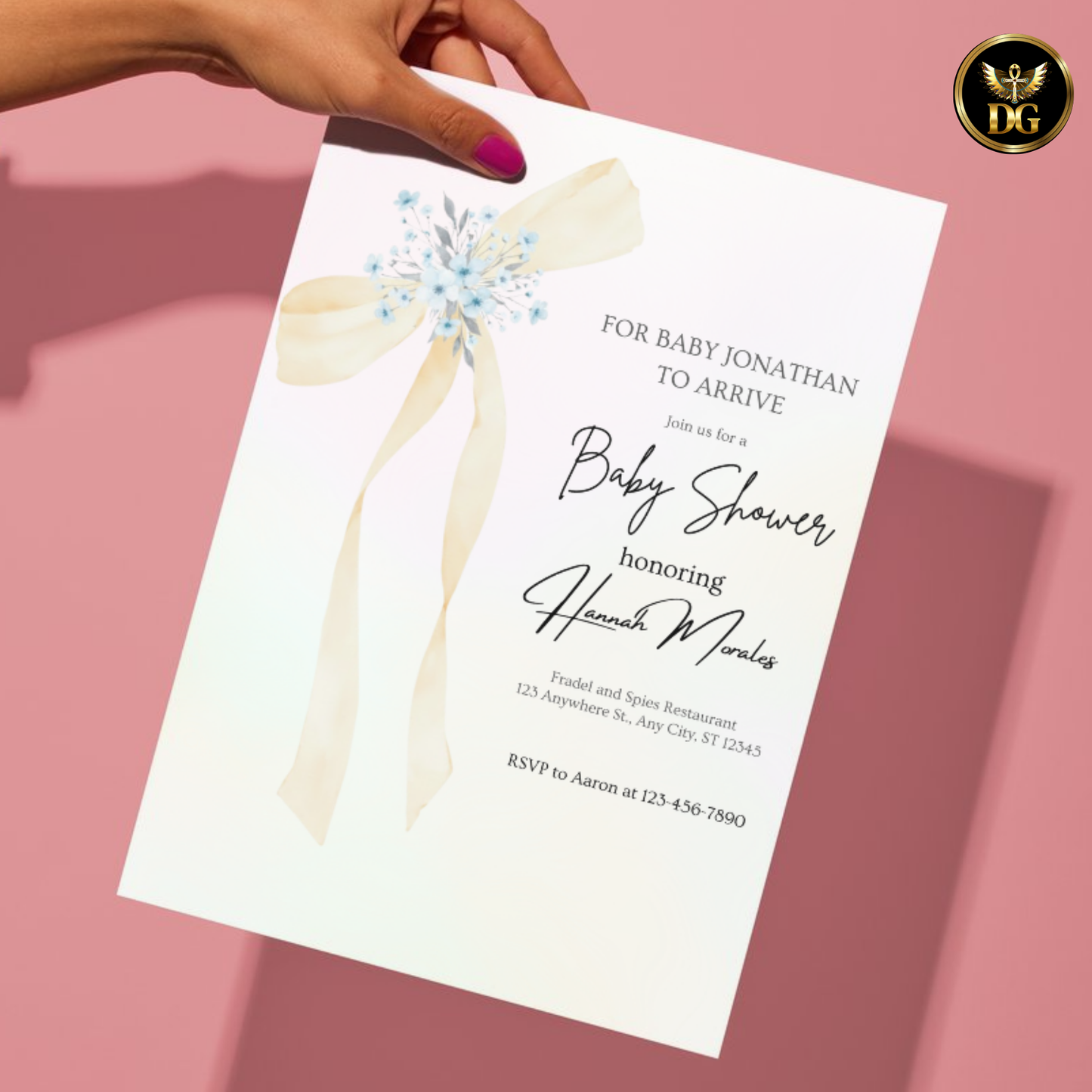 Yellow Ribbon Bow Baby Shower Invitation | Pastel Pink & Blue Editable Canva Template