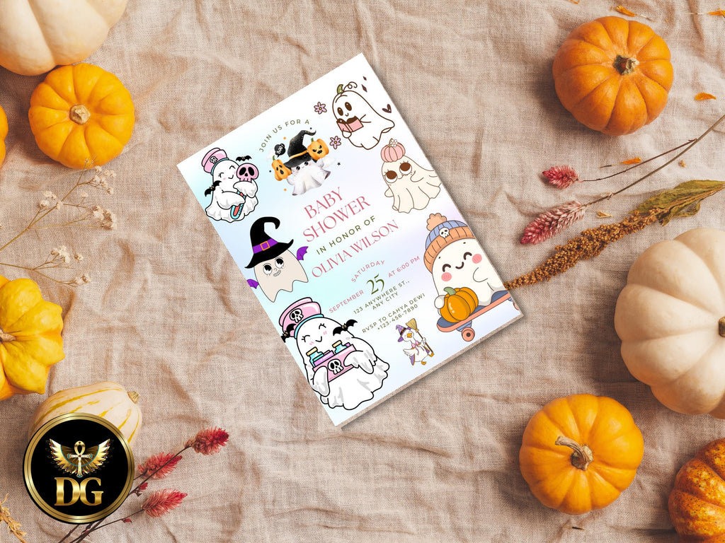 Baby Shower Invitation: Spooky Ghost  Halloween Theme (Digital Download) Printable Invitation Template Editable Canva Instant Download