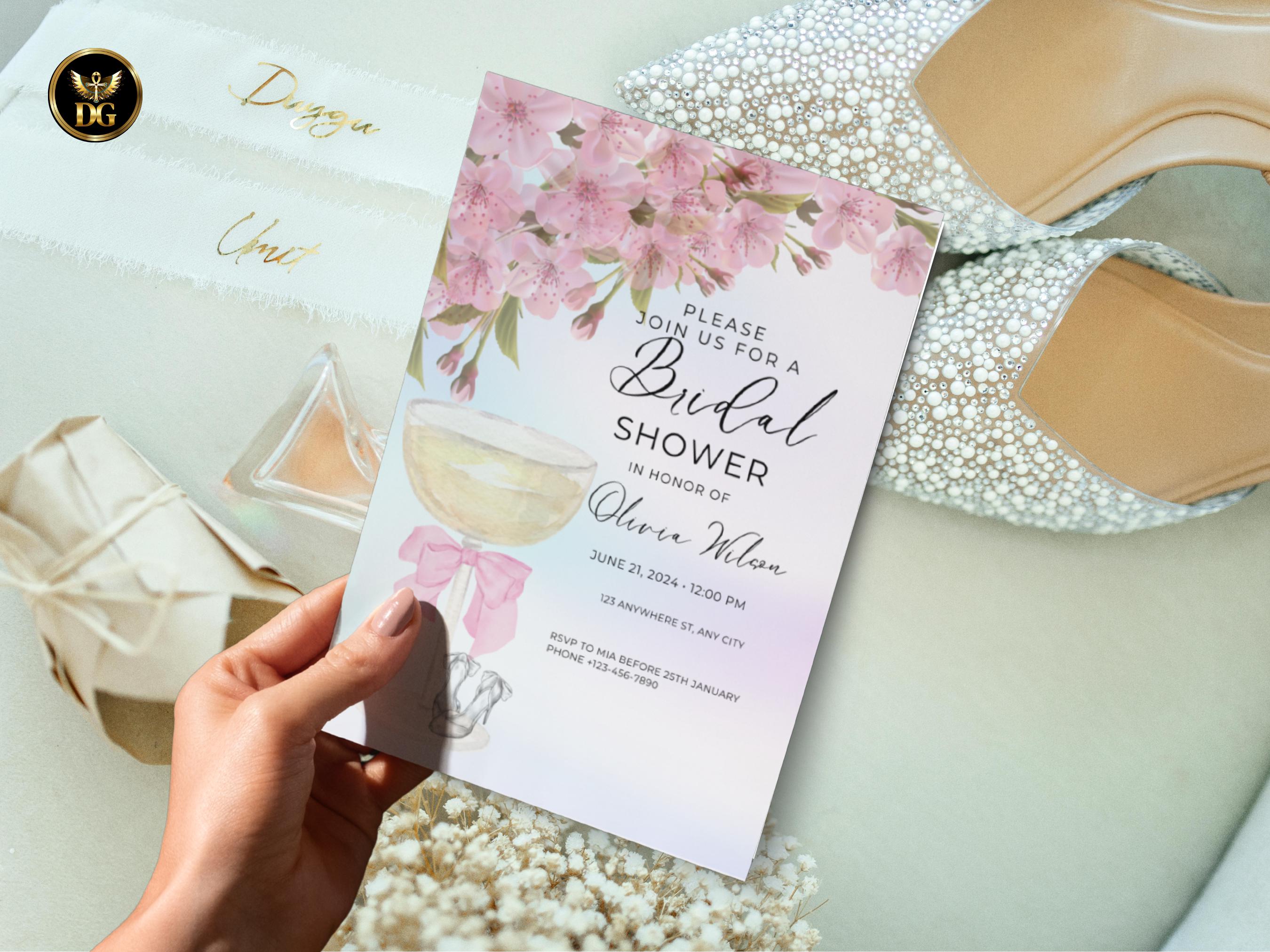 Bridal Shower Invitation Cherry Blossom: Pink Champagne, Editable Template Printable Invitation Template Editable Canva Instant Download