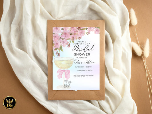 Bridal Shower Invitation Cherry Blossom: Pink Champagne, Editable Template Printable Invitation Template Editable Canva Instant Download
