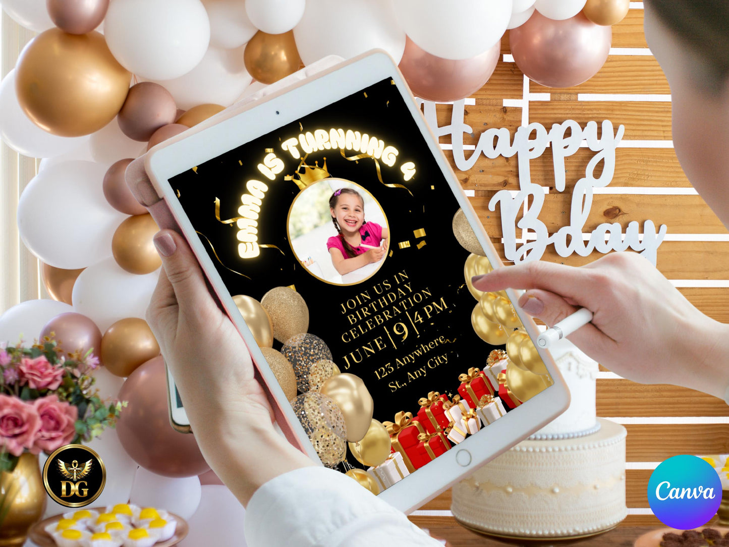 Black and Gold Birthday Invitation Template: Editable Party Invite (Digital Download, Canva Template)Printable Invitation Template Editable