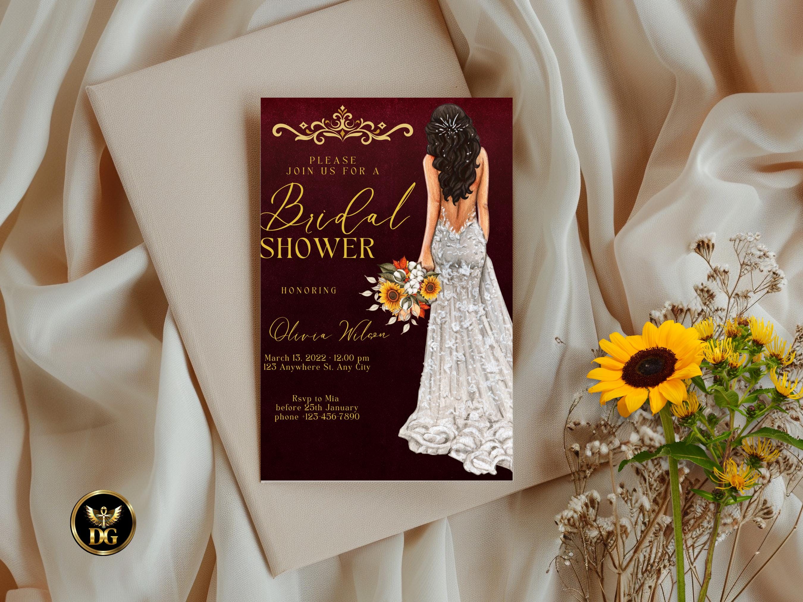 Burgundy Floral Bridal Shower Invitation Template: Sunflower Bohemian Evite (Digital Download Printable Invitation Template Editable Canva