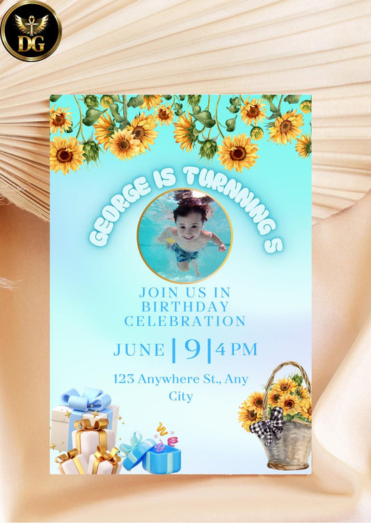 Custom Sunflower Photo Birthday Invitation Cheerful Kids Party Digital Download Printable Invitation Template Editable Canva InstantDownload