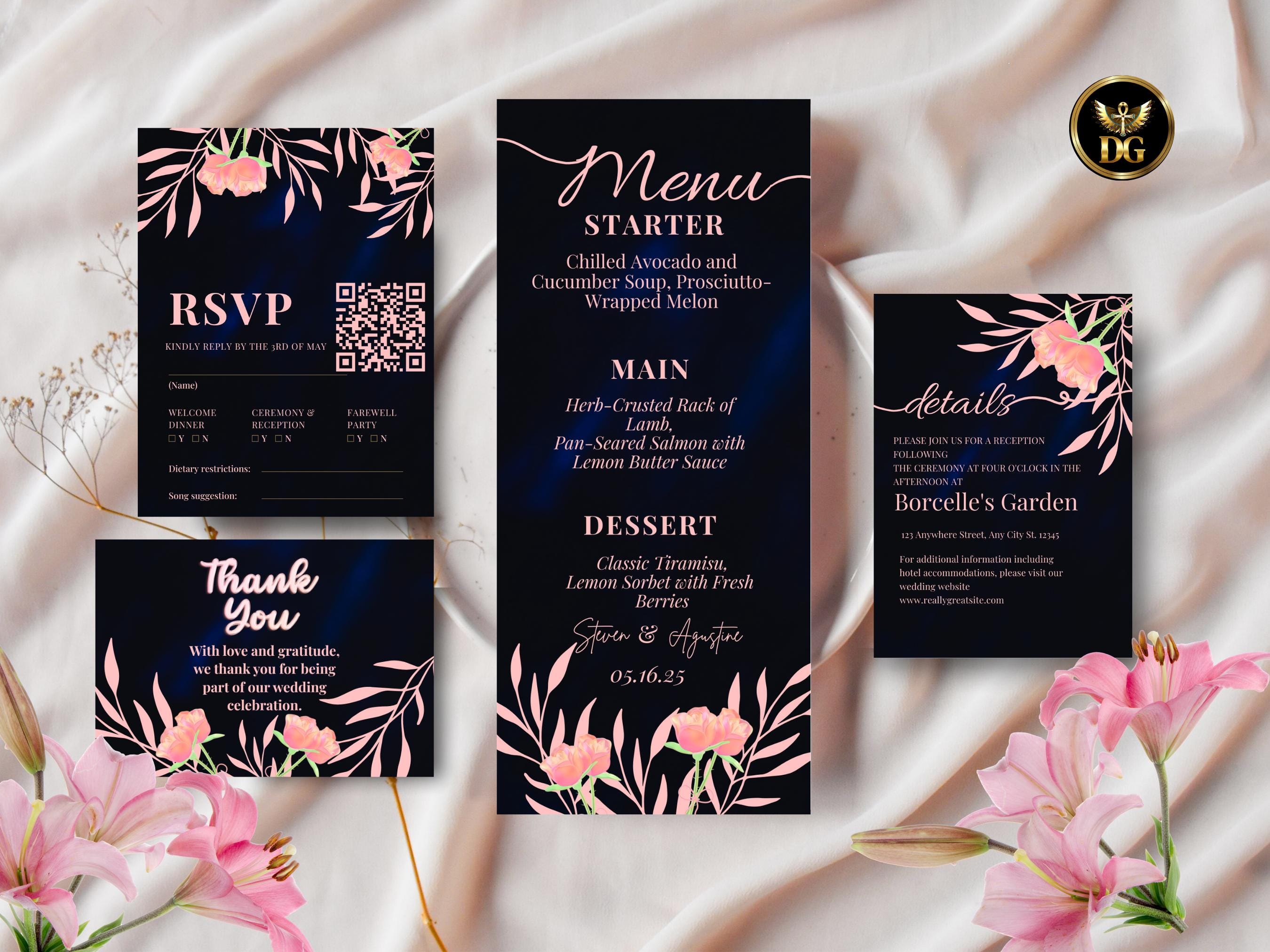 BlushLily Floral Wedding Invitation Suite Printable Digital Download Navy Pink Printable Invitation Template Editable Canva Instant Download