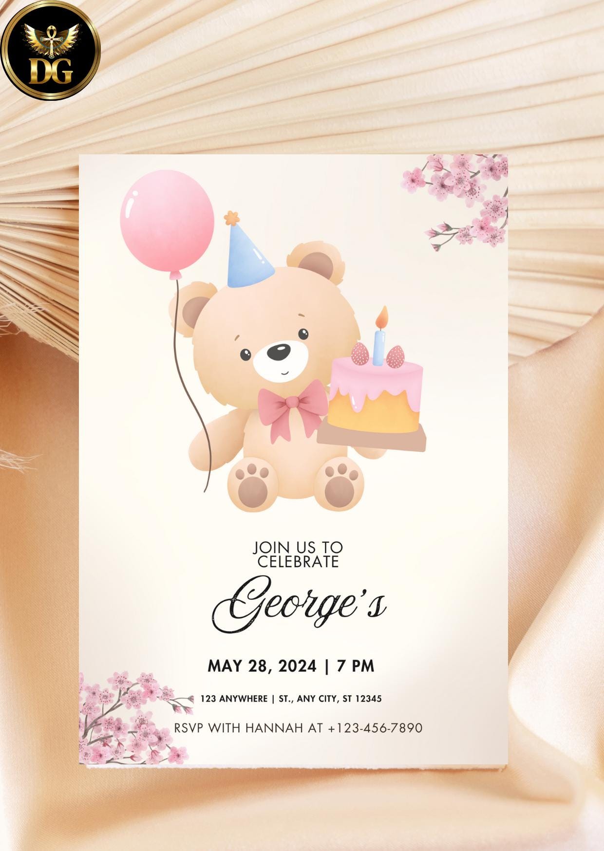 Boho TeddyBear Birthday Invitation Watercolor Floral Editable Digital Download Printable Invitation Template Editable Canva Instant Download