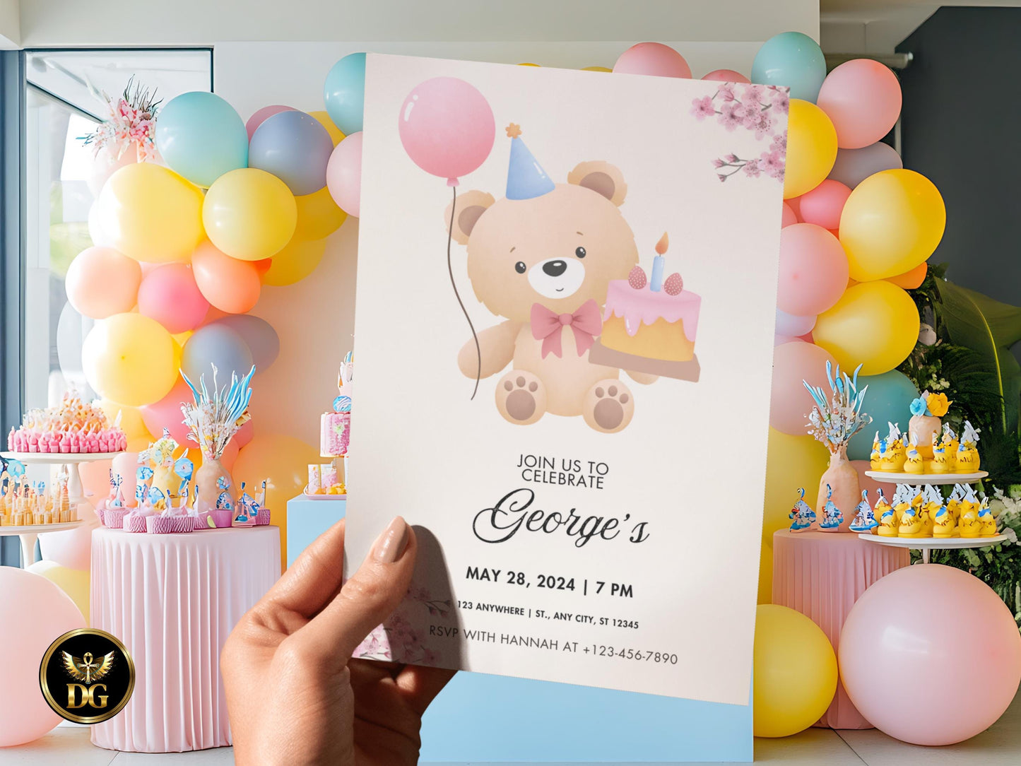 Boho TeddyBear Birthday Invitation Watercolor Floral Editable Digital Download Printable Invitation Template Editable Canva Instant Download