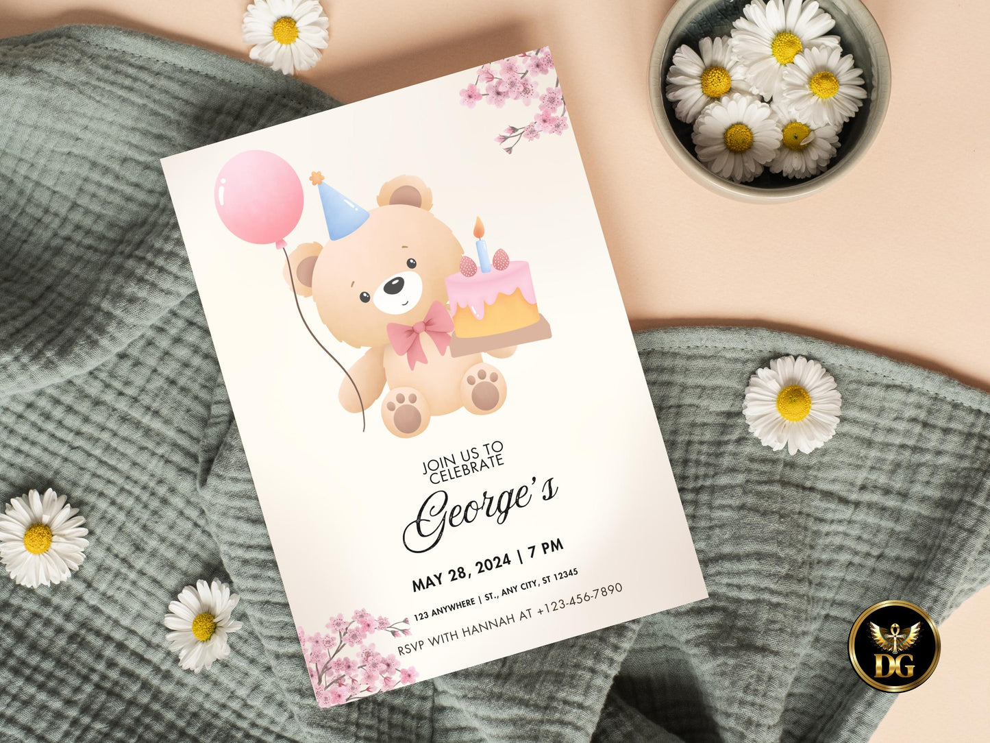 Boho TeddyBear Birthday Invitation Watercolor Floral Editable Digital Download Printable Invitation Template Editable Canva Instant Download