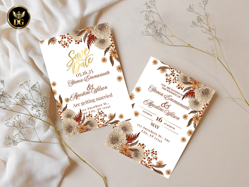 Autumn Boho Wedding Invitation Suite Editable Printable Save the Date, Invite, Menu, RSVP - Digital Download Printable Template Editable