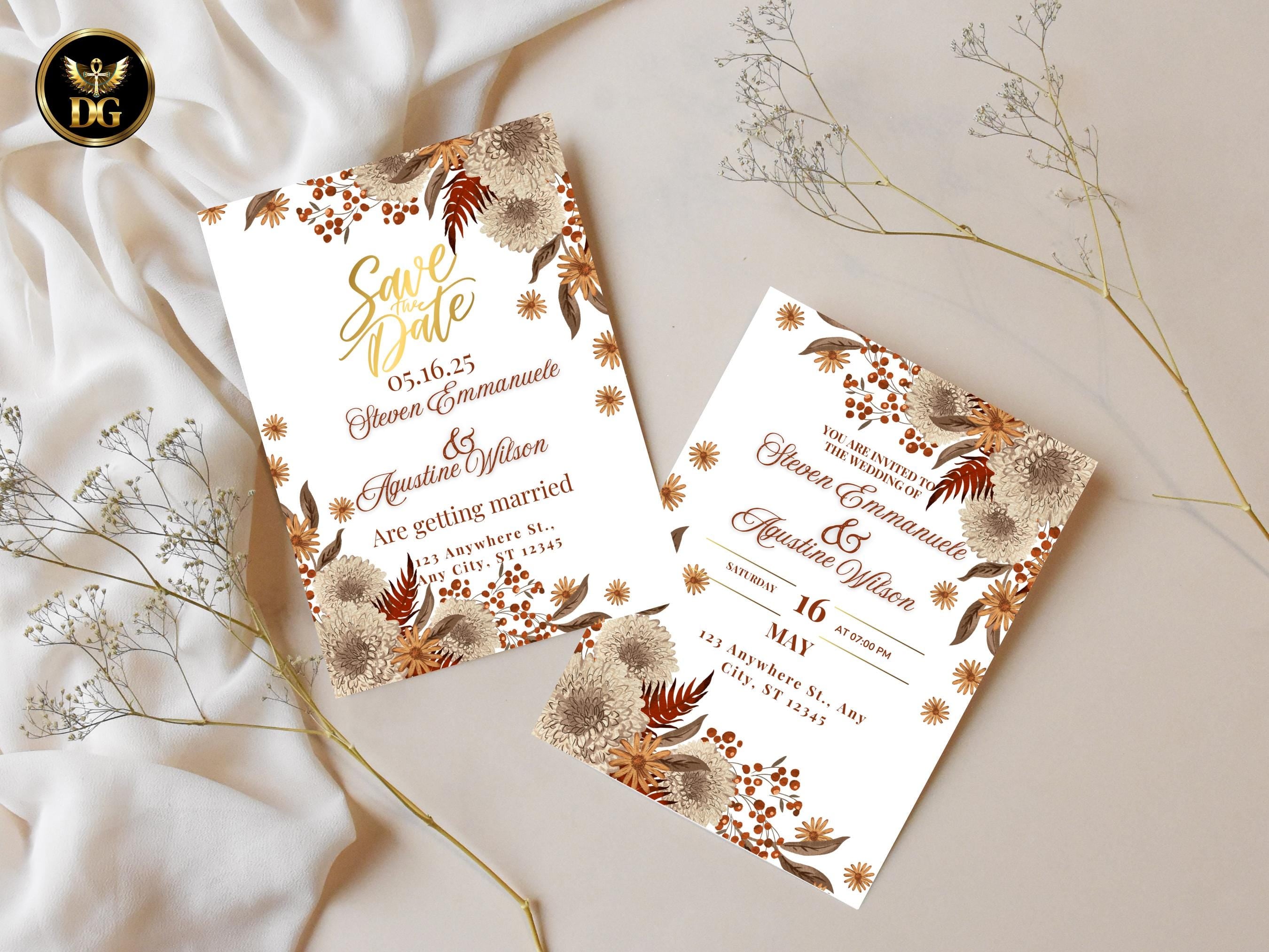 Autumn Boho Wedding Invitation Suite Editable Printable Save the Date, Invite, Menu, RSVP - Digital Download Printable Template Editable