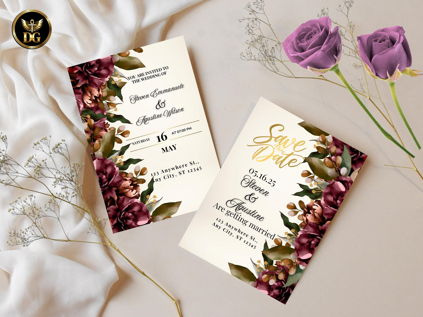 Burgundy Floral Wedding Invitation Suite: Editable Template (Digital Download) Printable Invitation Template Editable Canva Instant Download