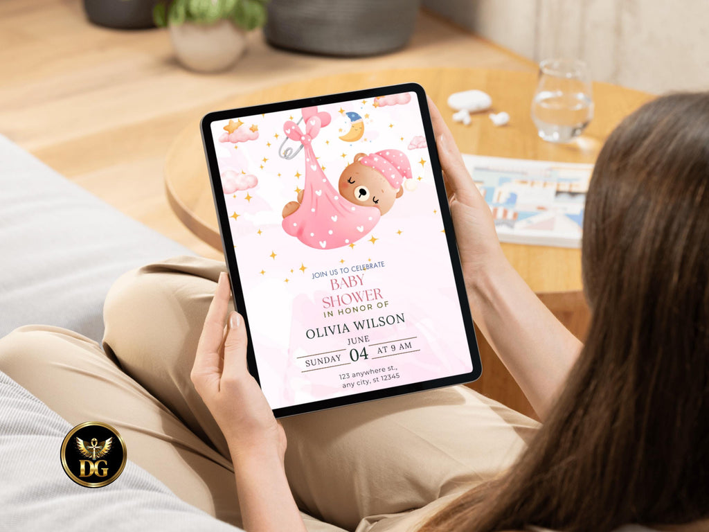 Baby Shower Invitation Template Editable Digital Download Cute Bear Pink Floral Invite Customizable Canva File for Baby Celebration