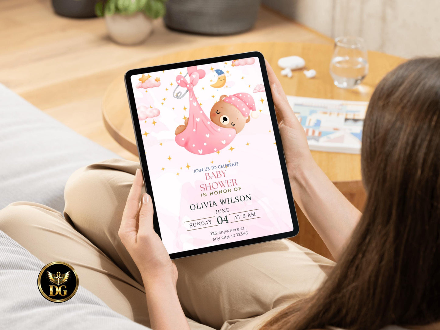 Baby Shower Invitation Template Editable Digital Download Cute Bear Pink Floral Invite Customizable Canva File for Baby Celebration