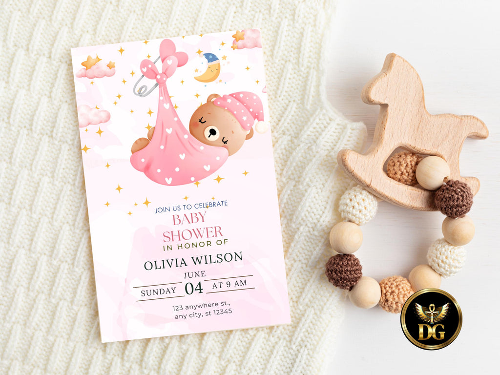 Baby Shower Invitation Template Editable Digital Download Cute Bear Pink Floral Invite Customizable Canva File for Baby Celebration