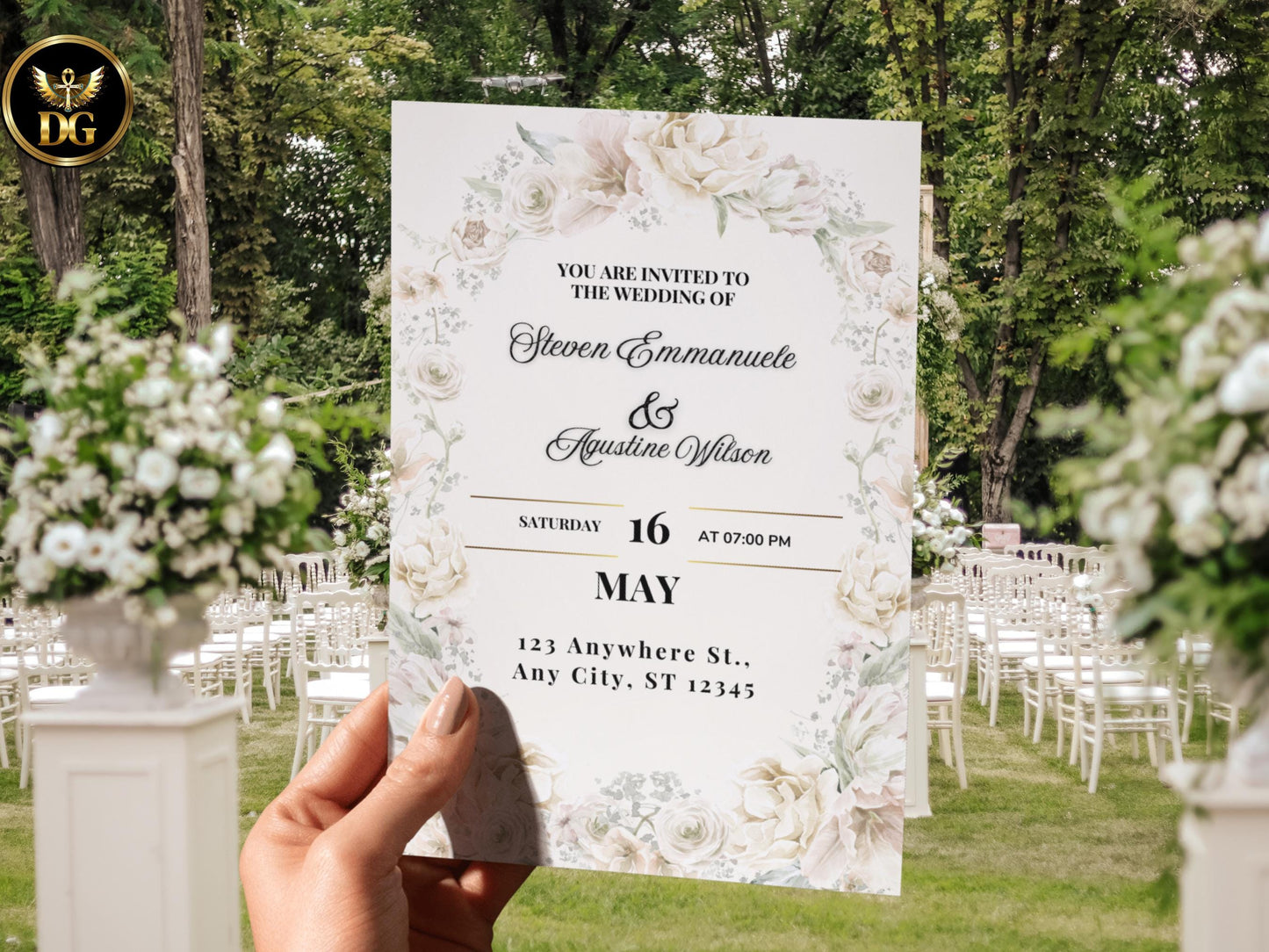 White Floral Wedding Invitation Suite: Editable Template (Digital Download)