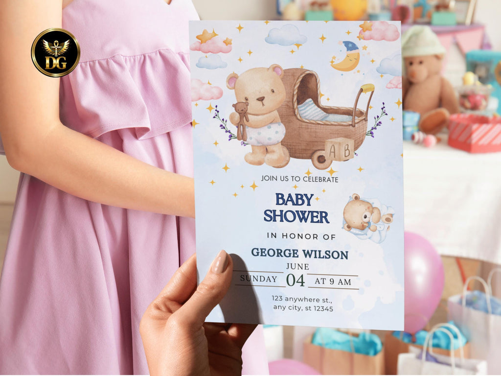 Baby Shower Invitation Template Editable Digital Download | Cute Bear Blue Floral Invite | Customizable Canva Photoshop File for Baby Party