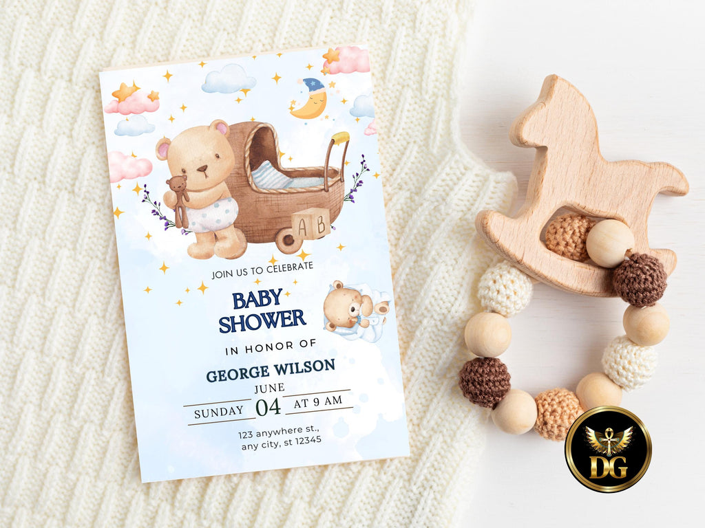 Baby Shower Invitation Template Editable Digital Download | Cute Bear Blue Floral Invite | Customizable Canva Photoshop File for Baby Party