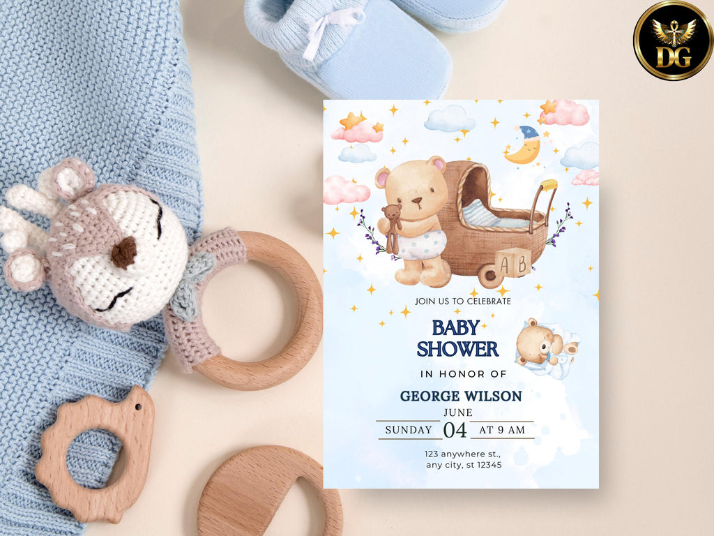 Baby Shower Invitation Template Editable Digital Download | Cute Bear Blue Floral Invite | Customizable Canva Photoshop File for Baby Party