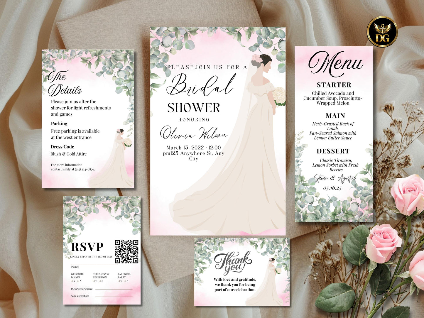 Boho Bridal Shower Invitation Suite Editable Printable Invite Menu, RSVP Digital Download Printable Template Editable Canva Instant Download