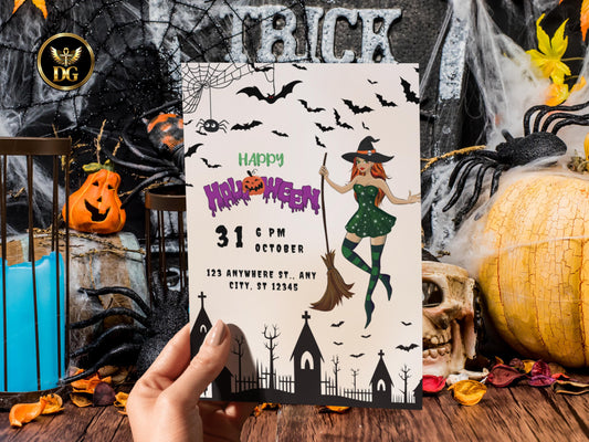 Spooky Witch Halloween Party Invitation Editable Printable Template Gothic Pumpkin Digital Download Template Editable Canva Instant Download