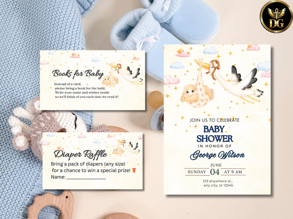 Baby Shower Invitation Diaper Raffle & Books for Baby Cards Cute Gender Neutral Set Printable Invitation Template Editable Instant Download