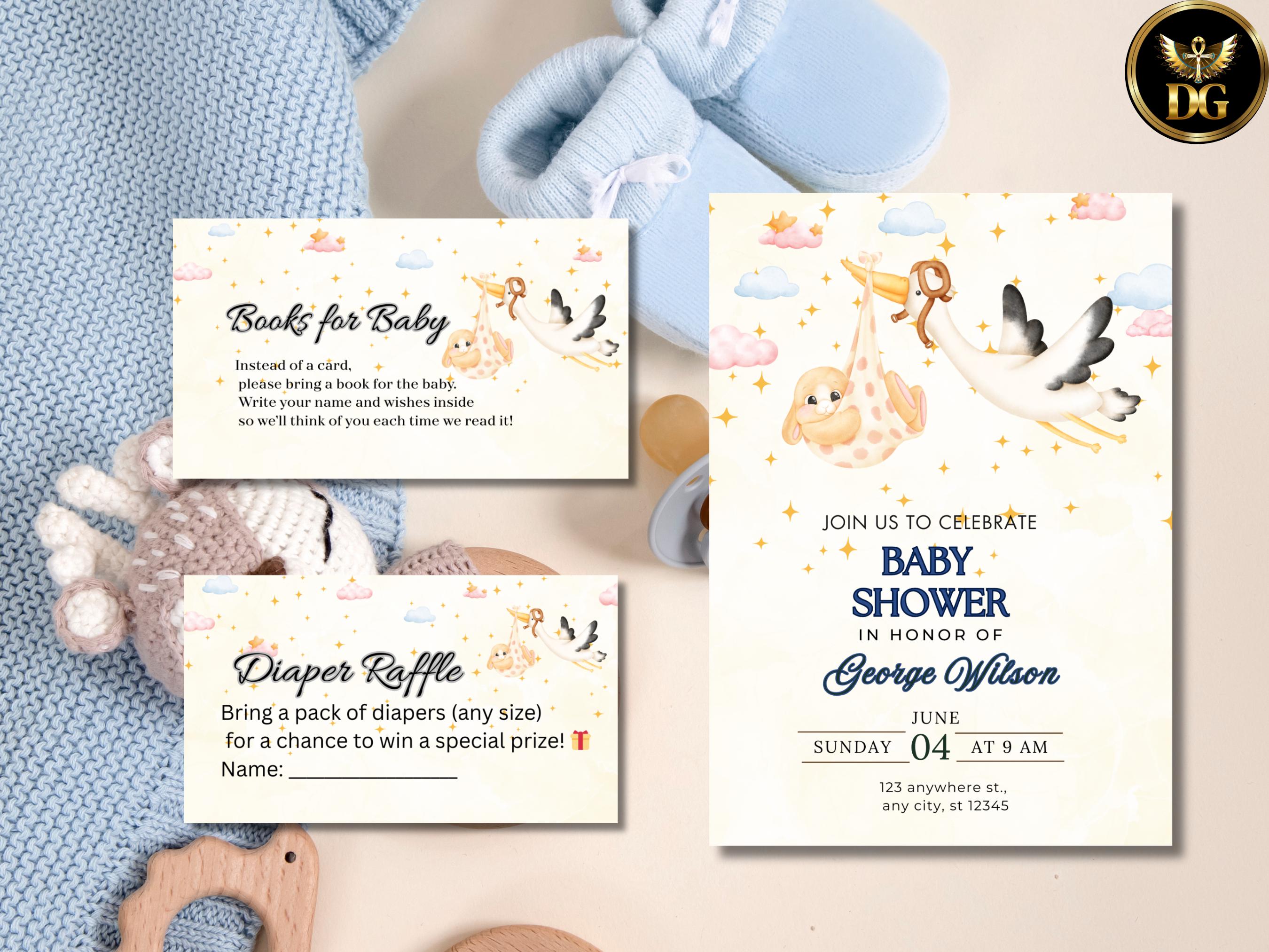 Baby Shower Invitation Diaper Raffle & Books for Baby Cards Cute Gender Neutral Set Printable Invitation Template Editable Instant Download