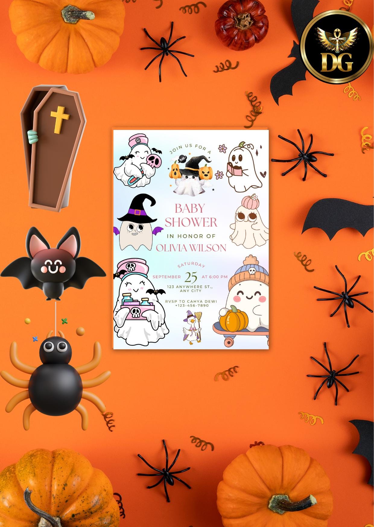 Baby Shower Invitation: Spooky Ghost  Halloween Theme (Digital Download) Printable Invitation Template Editable Canva Instant Download