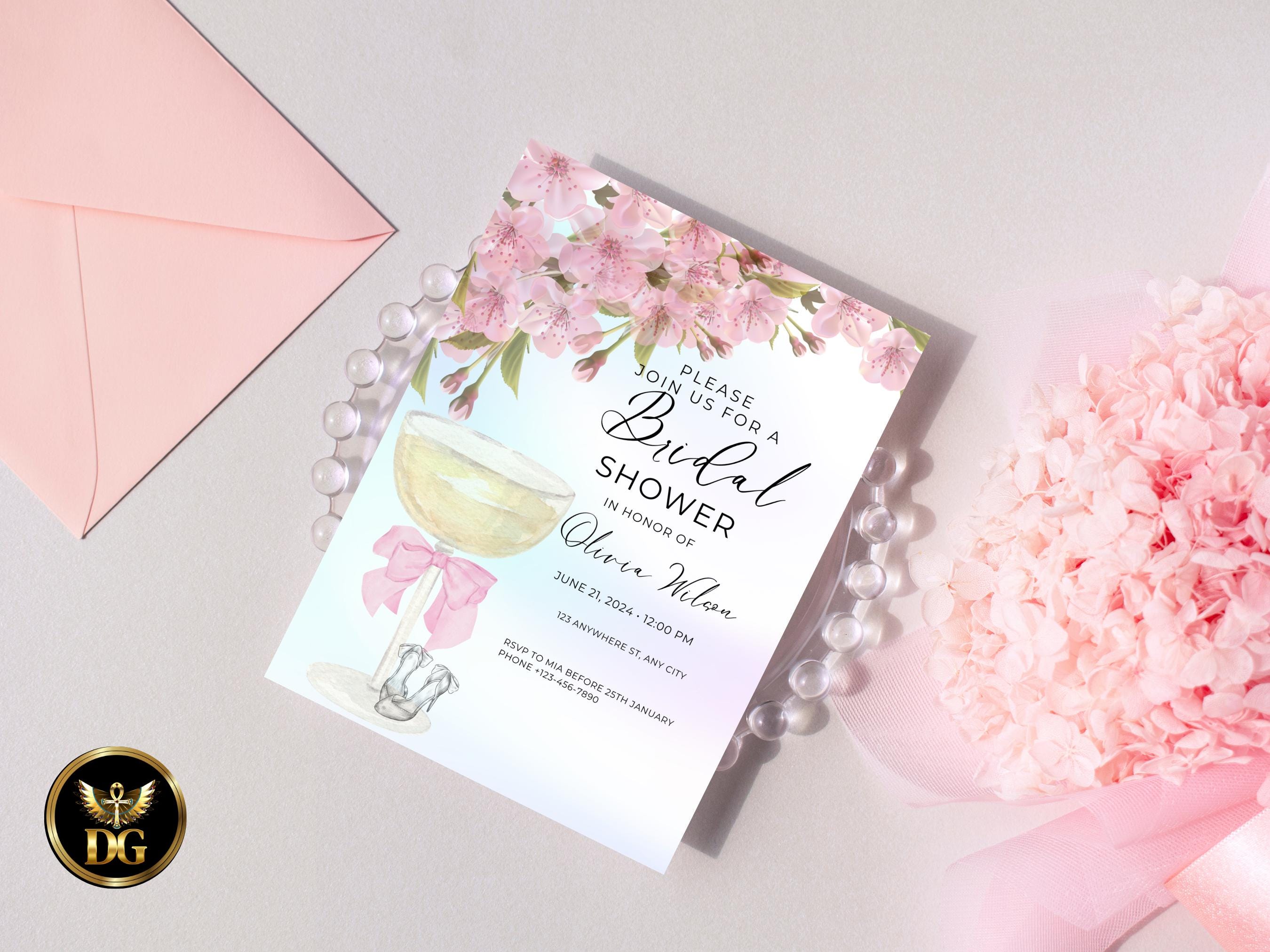 Bridal Shower Invitation Cherry Blossom: Pink Champagne, Editable Template Printable Invitation Template Editable Canva Instant Download