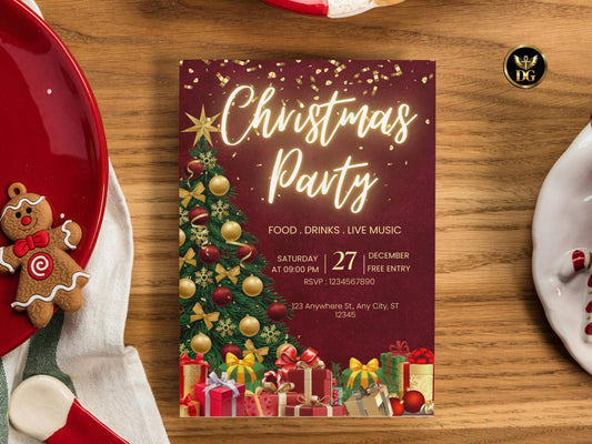 Christmas Party Invitation, Red Velvet Christmas Invite Template, Holiday Party Editable Canva, Friendsmas Dinner, Office Holiday Invite