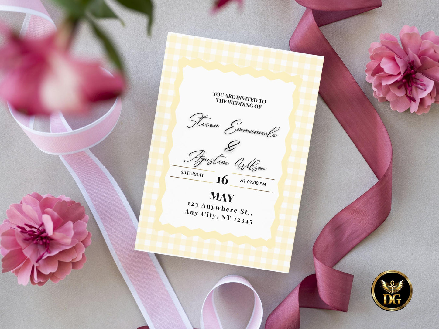 Yellow Plaid Wedding Invitation Suite | Minimalist Checkered Wedding Template with RSVP & Details | Printable Digital Download