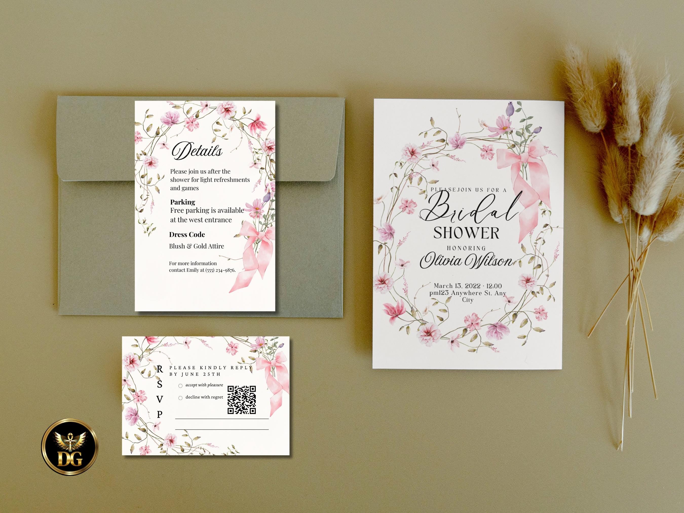 Bridal Shower Invitation | Elegant Pink Floral Frame with Bow RSVP & Details Card Set  Printable Wedding Shower Invitation Editable Template