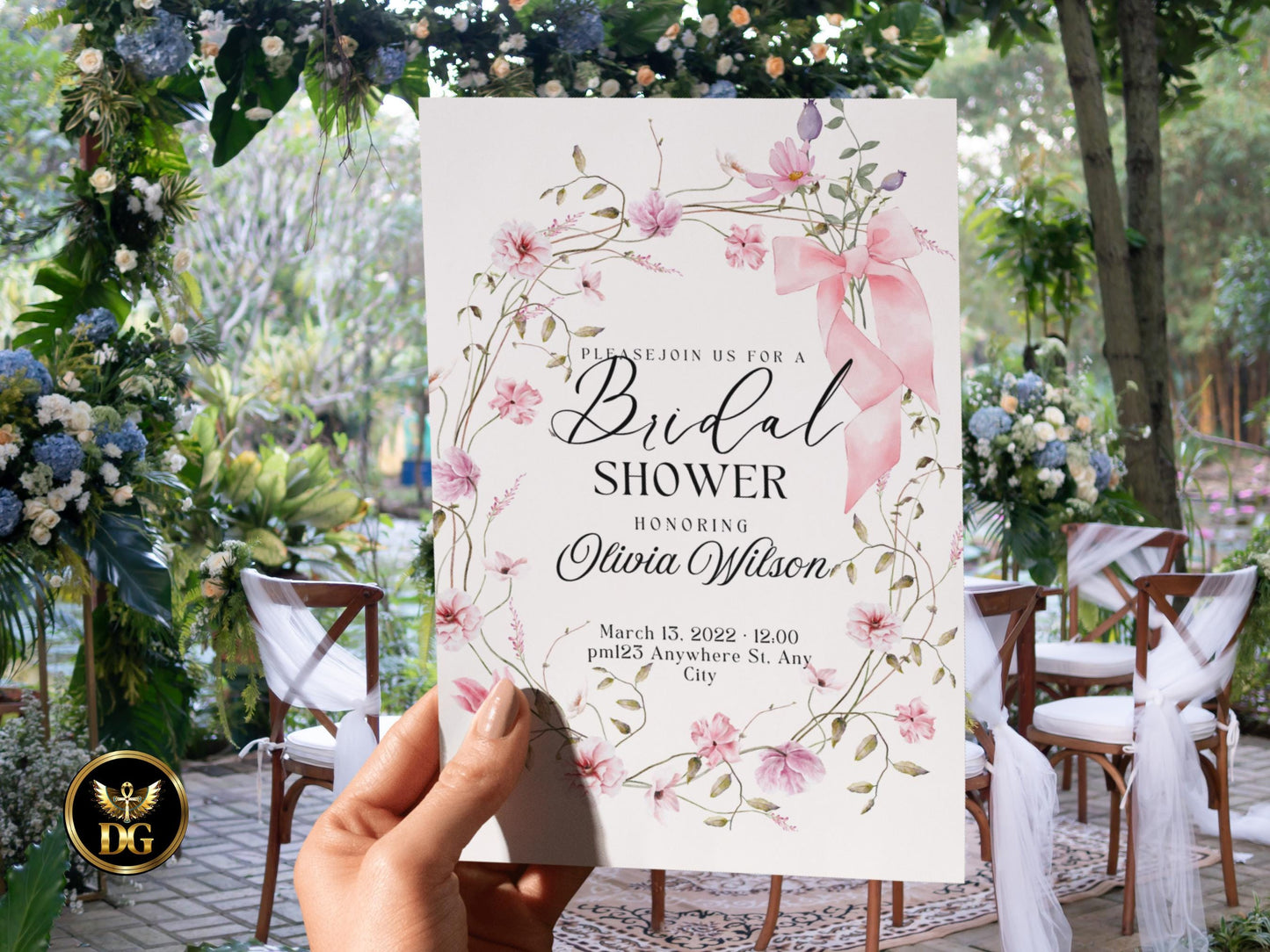 Bridal Shower Invitation | Elegant Pink Floral Frame with Bow RSVP & Details Card Set  Printable Wedding Shower Invitation Editable Template