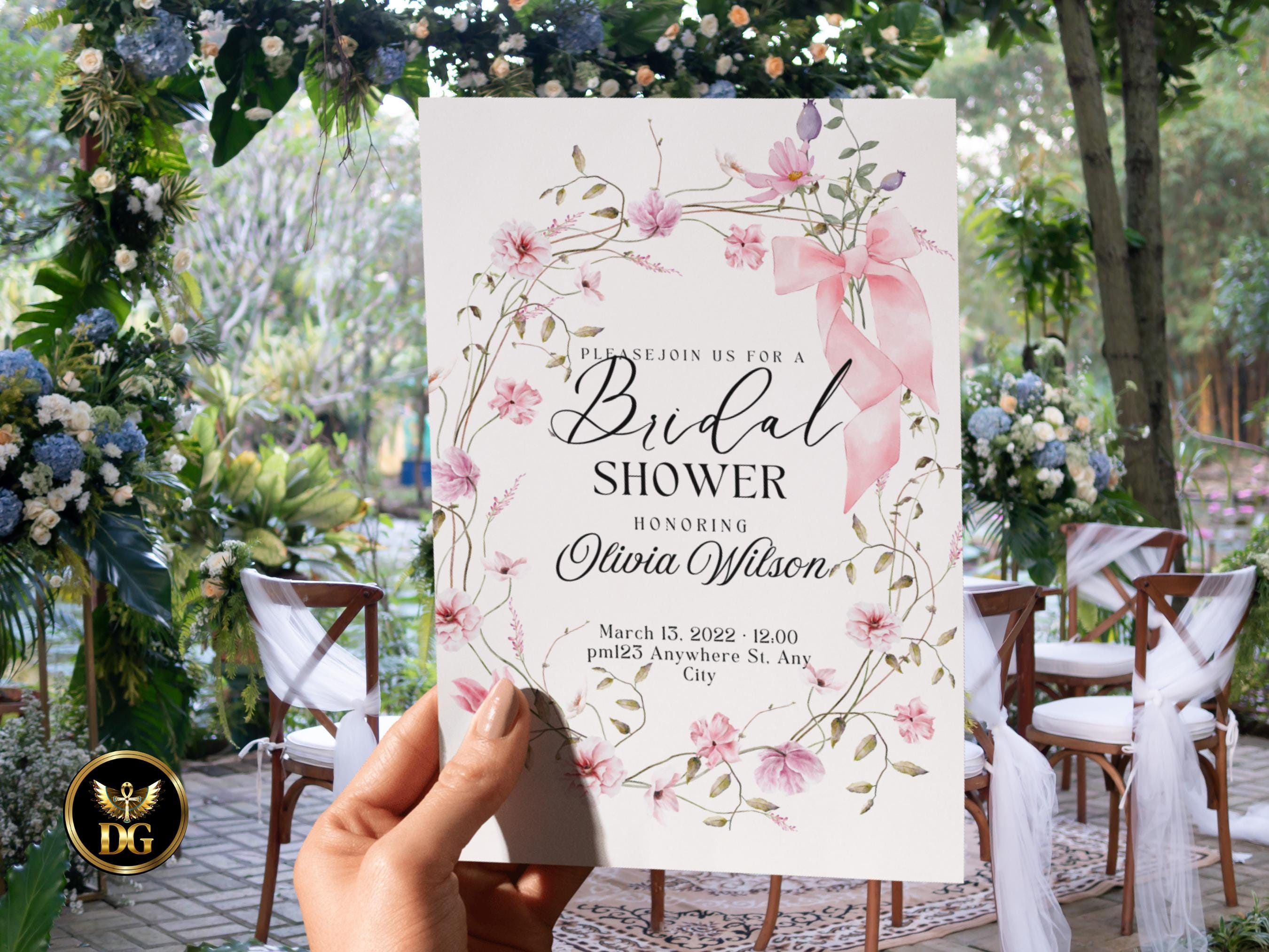 Bridal Shower Invitation | Elegant Pink Floral Frame with Bow RSVP & Details Card Set  Printable Wedding Shower Invitation Editable Template
