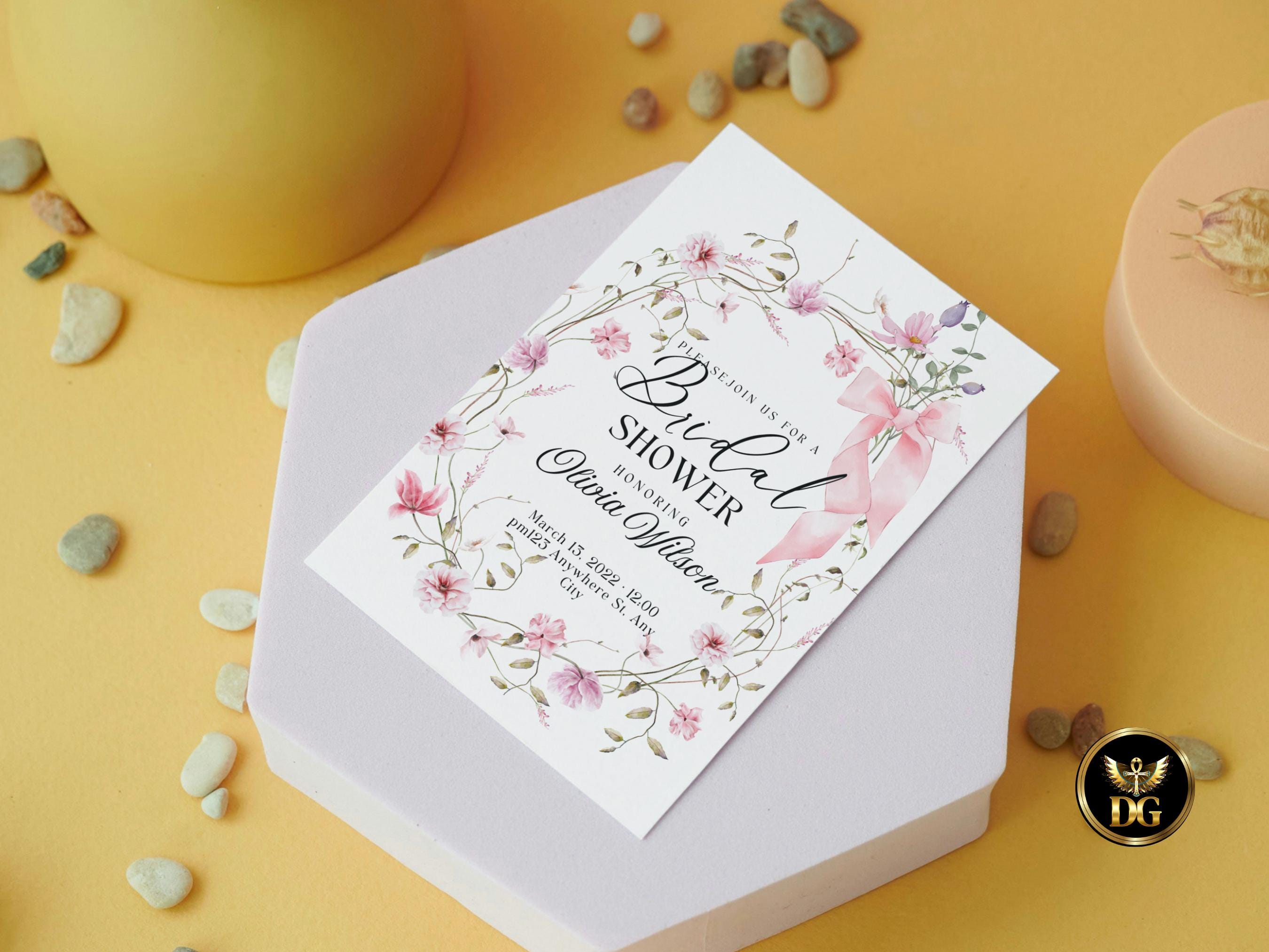 Bridal Shower Invitation | Elegant Pink Floral Frame with Bow RSVP & Details Card Set  Printable Wedding Shower Invitation Editable Template