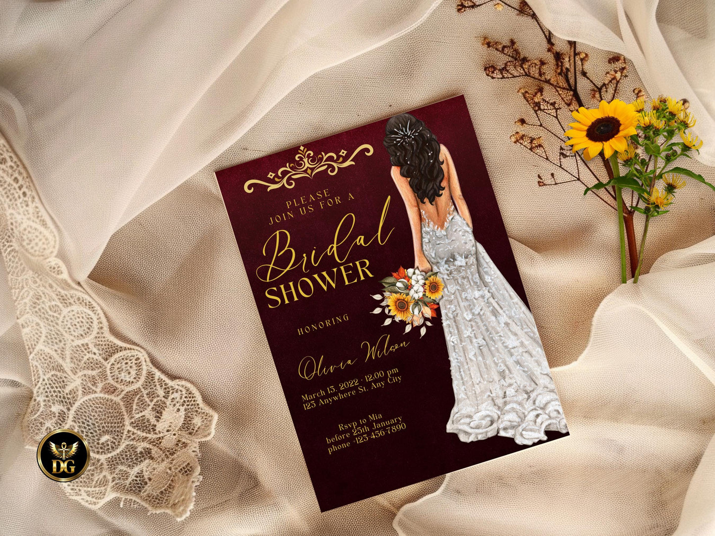 Burgundy Floral Bridal Shower Invitation Template: Sunflower Bohemian Evite (Digital Download Printable Invitation Template Editable Canva