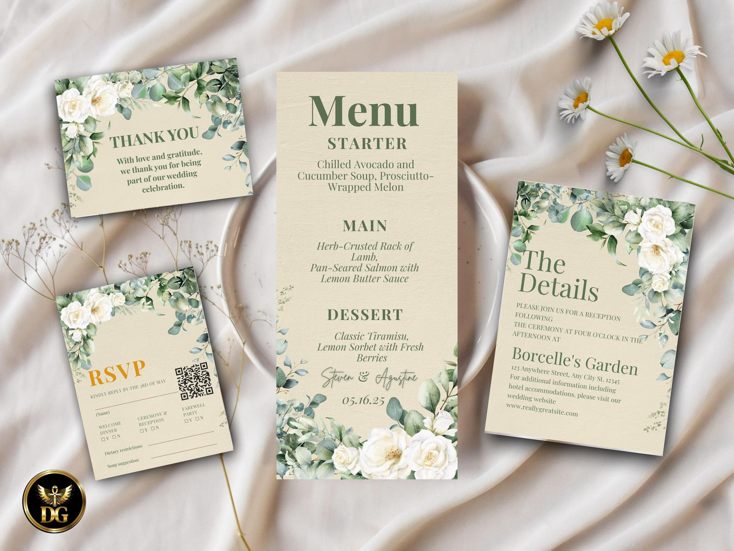 White Floral Wedding Invitation Suite: Eucalyptus Greenery (Digital Download) Printable Invitation Template Editable Canva Instant Download