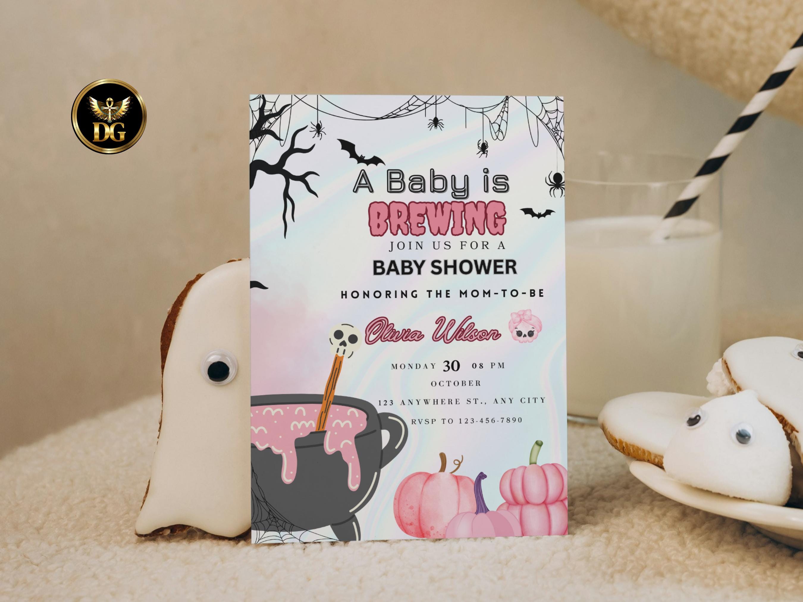 A Baby is Brewing Invitation Halloween Baby Shower Invite Editable Spooky Baby Shower Template Witch Cauldron Pink Pumpkin, Digital Download
