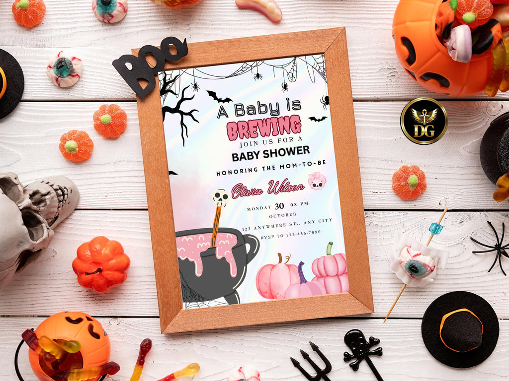A Baby is Brewing Invitation Halloween Baby Shower Invite Editable Spooky Baby Shower Template Witch Cauldron Pink Pumpkin, Digital Download